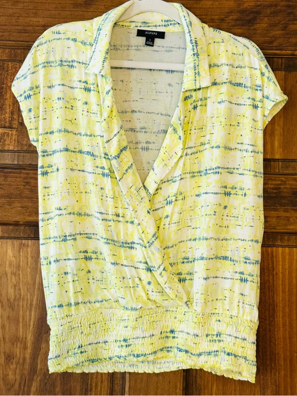 Alfani Yellow and Blue Print Surplice Short Sleeve Blouse